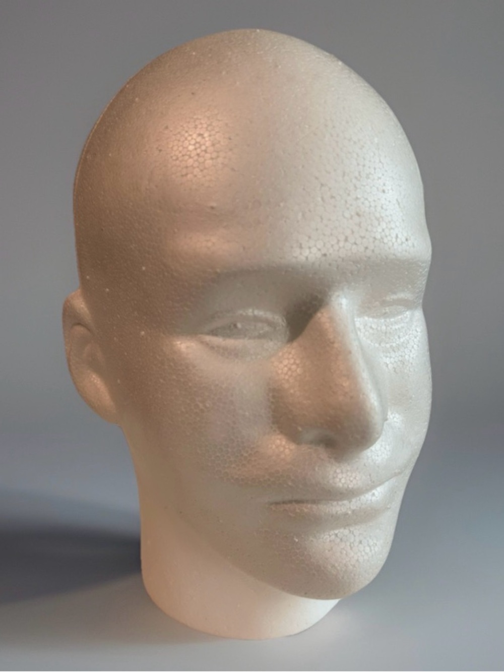 White Styrofoam male mannequin head display stand wig hat headphone eyeglass